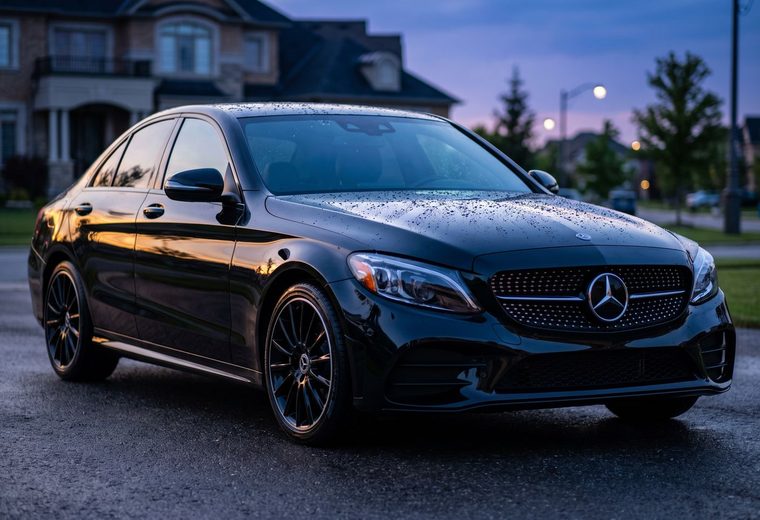 Illustration of a gloss black Mercedes-Benz C-Class with water beading across a coated finish